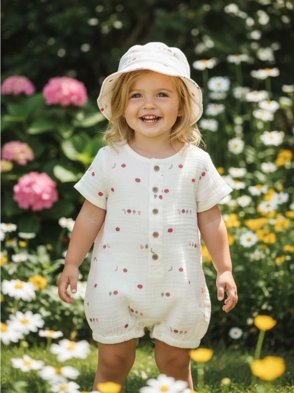 Carter's Cream Romper and Bucket Hat Set With Veggie Print